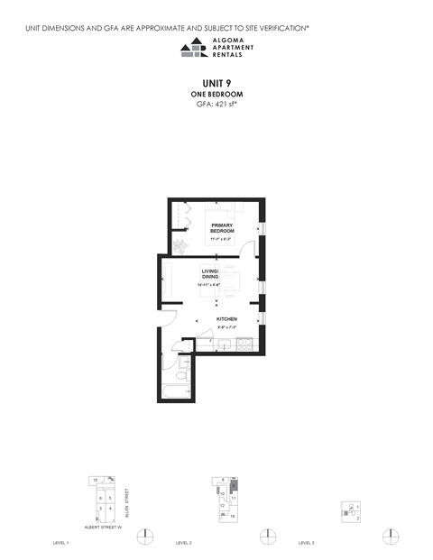 Floor plan for 1 bed, 1 bath, 421 sqft